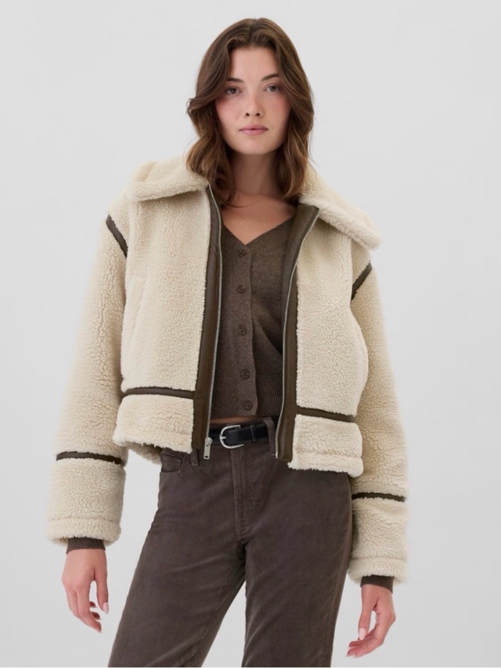 GAP Cream Sherpa Teddy Jacket with Brown Trim